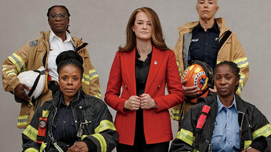 from Columbia mag: NYC fire commissioner Laura Kavanagh with women members of the FDNY Laura Kavanagh with FDNY members. (Paola Kudacki / Trunk Archive)