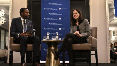 Deputy National Security Adviser Anne Neuberger MIA ’05 (right) spoke with SIPA student Aaron “Jay” Stout MIA ’24 at the 2023 Washington, D.C., career conference.