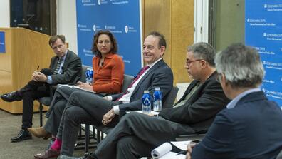 A March 7 discussion of the declassification of U.S. government secrets featured panelists (L-R) Matthew Connelly, Emily Bazelon, Timothy Naftali, Barton Gellman, and Chris H. Wiggins.