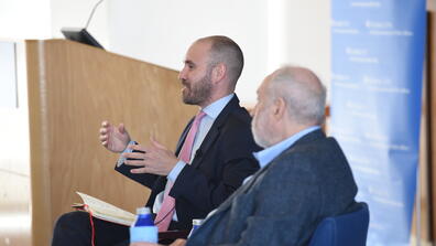 Martín Guzmán [left], who was Argentina’s minister of economy from 2019 to 2022, spoke with Nobel economist Joseph E. Stiglitz after giving the 2023 Beinecke Lecture at SIPA.