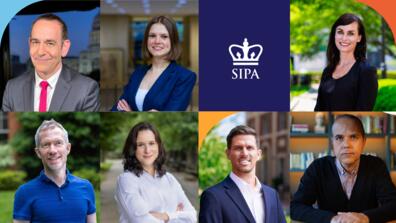 Collage of new SIPA faculty for 2023-24: (top row, L-R) Timothy Naftali, Martsella Davitaya, and Sigga Benediktsdóttir; (bottom row, L-R) Daniel Björkegren, Erica Lonergan, Fernando Cirelli, and Marcelo Medeiros