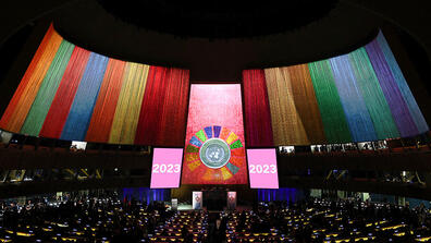 The United Nations General Assembly Hall is pictured during the opening session of the Sustainable Development Goals Summit 2023