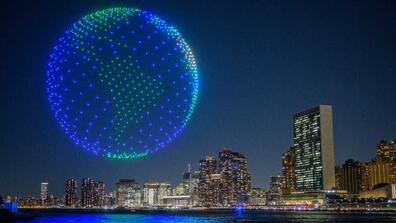 A light display created using drones is performed before the city skyline and United Nations headquarters as part of a campaign to raise awareness about the Amazon rainforest and the global climate crisis ahead of the 78th United Nations General Assembly and Climate Ambition Summit, in New York City on September 15, 2023