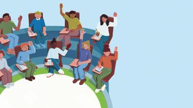 illustration of students raising hands