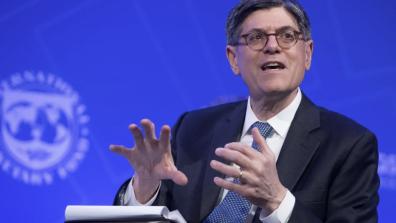 Jack Lew speaks at IMF Headquarters in Washington, DC.