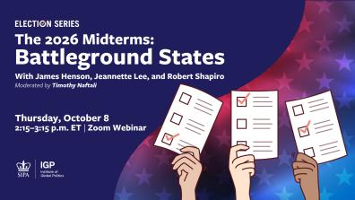 Graphic for Midterm Battleground States Zoom Webinar on Thursday, October 8 from 2:15-3:15.