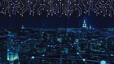 NYC skyline with cyber graphic
