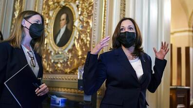 Vice President Kamala Harris with her top legislative aide at the Senate, both wearing face masks