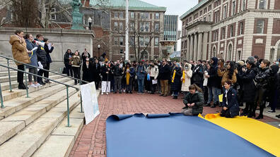 An image from Columbia Students’ demonstration on the Low Steps about the invasion of Ukraine