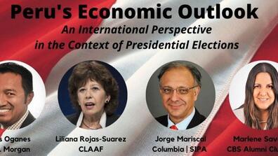 A poster for the "Peru's Economic Outlook" discussion, featuring the participants
