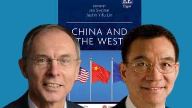 Images of Jan Svejnar and Justin Yifu Lin, with an image of their book's cover, China and the West