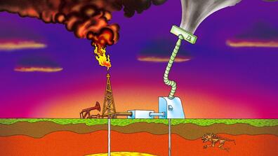 Illustration of a vacuum cleaner vacuuming the carbon dioxide in the air, that is connected to a petrol drill for energy which creates carbon dioxide