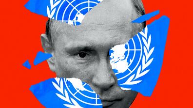 A collage of Vladimir Putin's image and the UN flag