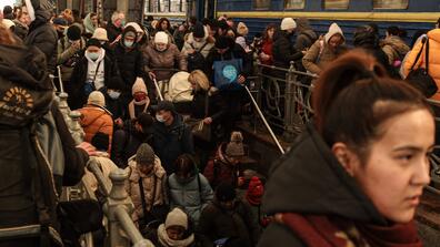 Displaced Ukrainians after arriving by train in Lviv, Ukraine, on March 3