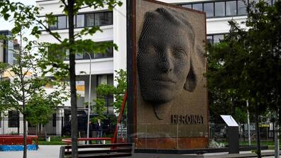 The memorial called “Heroines,” dedicated to Kosovar Albanian women wartime rape survivors, is seen in Pristina, Kosovo, on May 4, 2021.