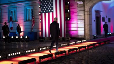 President Joe Biden departs after speaking at the Royal Castle in Warsaw, Poland, on March 26, 2022.