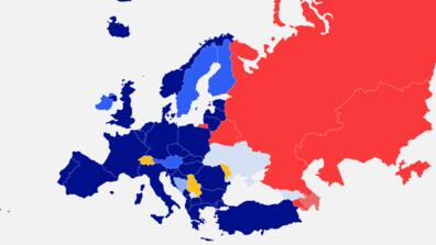A map showing the NATO and Collective Security Treaty Organization alliances within Europe