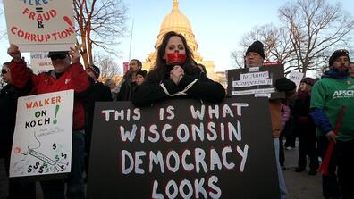 Protesters rallied outside the Wisconsin State Capitol after the Assembly voted to effectively end collective bargaining rights for public union workers on March 10, 2011.