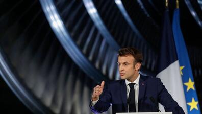 French President Emmanuel Macron delivers a speech at the GE Steam Power System main production site for its nuclear turbine systems in Belfort, eastern France
