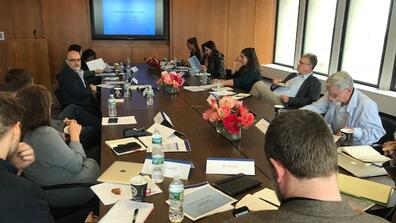 Jason Healey (center left), Senior Research Scholar at Columbia University’s School for International and Public Affairs, leads discussion on the dynamics of cyber conflict on September 10 at a SIPA-hosted Minerva Cybersecurity Workshop.
