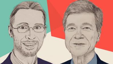 An illustration of Martin Sandbu and Jeffrey Sachs by Leonie Woods