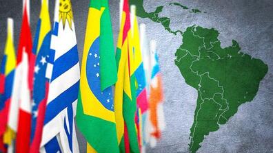The map of Latin America and the flags of Latin American countries