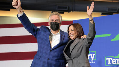 Kamala Harris attends a campaign event with Terry McAuliffe on October 29, 2021, in Norfolk, Virginia.
