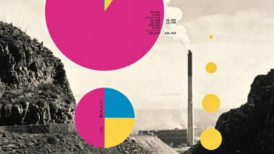 An illustration in which colorful pie charts overlay on top of a sepia photograph.