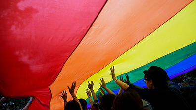 Participants hold a giant rainbow flag during a lesbian, gay, bisexual and transgender (LGBT) Pride Parade in Hong Kong November 8, 2014. Participants from the LGBT communities took to the streets on Saturday to demonstrate for their rights.