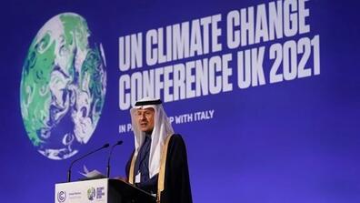 Saudi Arabian Minster of Energy Prince Abdulaziz bin Salman Al Saud speaks at the COP26 U.N. Climate Summit, Glasgow, Scotland, Nov. 10, 2021 (AP photo by Alberto Pezzali).