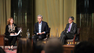 Dean Merit E. Janow, investor Steve Case, and former U.S. Treasury Secretary Jacob Lew