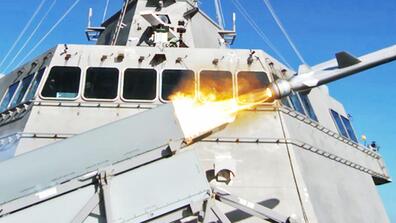 picture of a A Naval Strike Missile firing from the USS Gabrielle Giffords