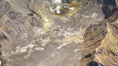 Aerial view of the Whakaari volcano in 2013