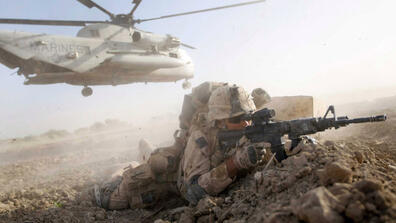 A U.S. soldier takes up a fighting position