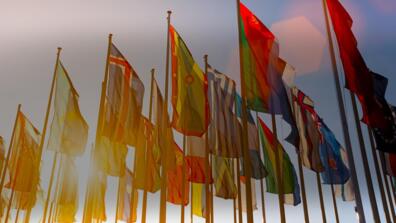 This series of flags from different countries around the world symbolizes the Kent Global Leadership Program on Conflict Resolution.