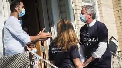 ayor Bill de Blasio and NYC Census 2020 Director Julie Menin go door-knocking to encourage New Yorkers to complete the census in South Richmond Hill, Queens.