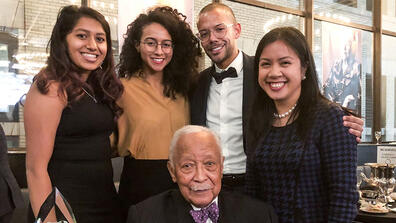 Mayor David Dinkins was joined by current students (from left) Divya Sundaram, Hadiya Housepian,  Joshua Elder, and Katarina Mayers.