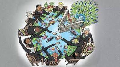 A cartoon of the world as a table, and people deciding and doing exchanges sitting around it