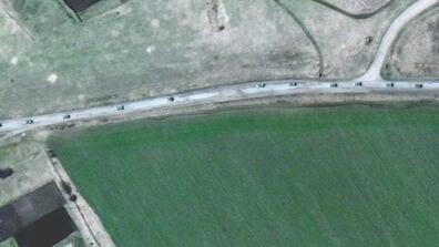 A satellite view of a Russian convoy heading south, near Velykyi Burluk, Ukraine, April 8, 2022