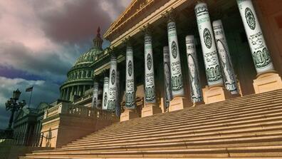 an illustration of the treasury department with dollar bills wrapped around its columns