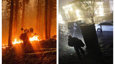 two panels. on the right, a firefighter walks through a wildfire, on the left, a person walks in a flooded street.