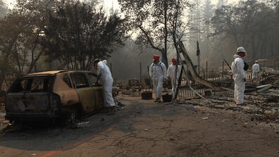 Search and rescue operation from the Army National Guard looking for remains of victims after the 2018 Camp Fire in Paradise, California