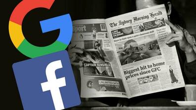 the google and facebook logos next to a person reading the newspaper