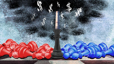 an illustration of a black chess piece blowing smoke and dollar signs into the air while red and blue chess pieces lay fallen down next to it