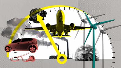 an illustration of an airplane, car, and wind turbines