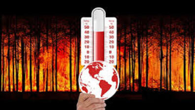 an illustrated hand holds a thermometer in front of a wildfire
