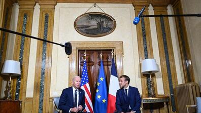French President Emmanuel Macron and U.S. President Biden meet at the French Embassy to the Vatican in Rome