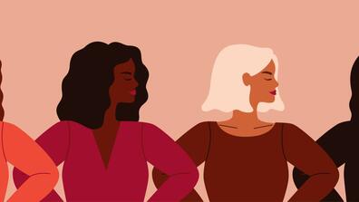 Illustration of four women next to each other, with different skin colors and in different attires