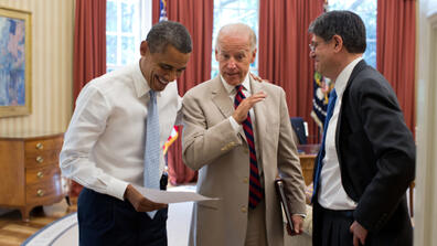 Barack Obama, Joe Biden, and Jacob Lew in the Oval Office