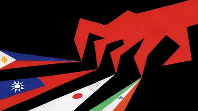 Image of a red hand scratching a surface, with flags of the Philippines, Taiwan, Japan and India appearing in each of the scratches